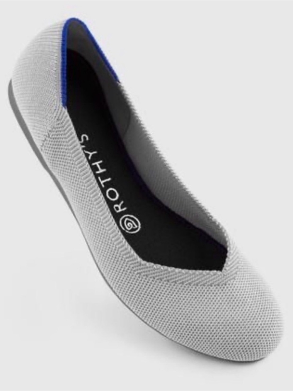 Rothy's Light Gray Knit Ballet Flat with Blue Heel Trim